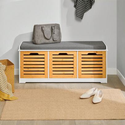 SoBuy FSR23 Modern Shoe Chest With Baskets (Grey) Bench Shoe Cabinet With Seat Cushion Toy Chest