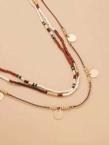 1pc Handmade 3-Layer Woven Necklace With Random Color & Spacing Rice Beads - Multicolor - View 2