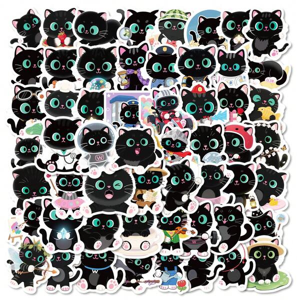 56pcs New Cute Big-Eyed Black Cat Doodle Stickers, Creative & Fun For Water Bottles, Scrapbooking, Assorted Colors & Designs
