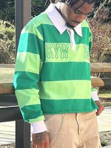 Vintage College Style Contrasting Men's Striped Polo Shirt Lapel Single-Breasted Chest Three-Dimensional Letter Embroidered Loose Top - XHytlpueF-綠 - 查看 1