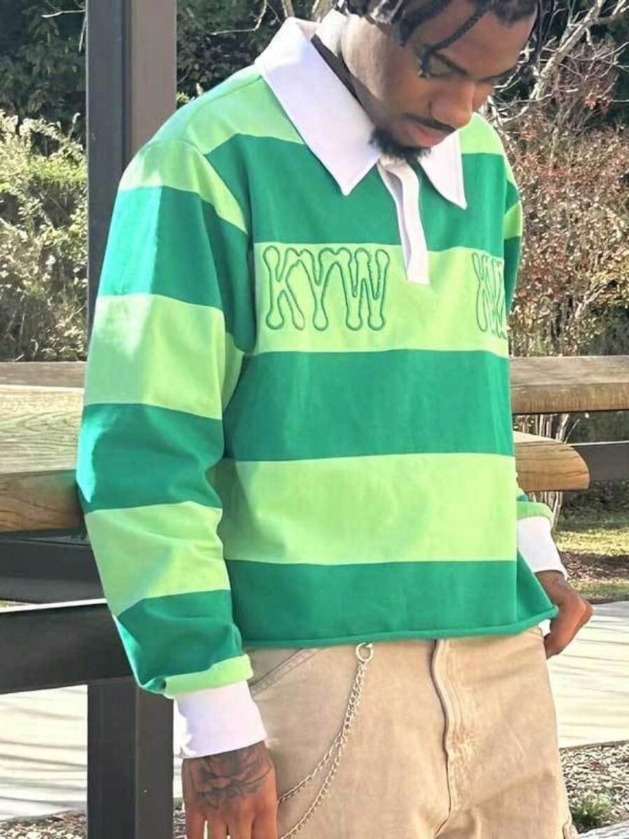 Vintage College Style Contrasting Men's Striped Polo Shirt Lapel Single-Breasted Chest Three-Dimensional Letter Embroidered Loose Top - XHytlpueF-綠 - 查看 1