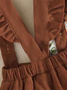 BrownBark 3件套女婴优雅可爱家居服套装，包括舒适圆领荷叶袖碎花连体衣、纯色背带裙和发带，适合春秋季、休闲、校园、户外、街头风格、居家穿着。 - 棕色 - 查看 9