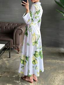 SuofeiMan Váy dài in hoa họa tiết lá cho nữ, váy dài cài nút thắt eo thanh lịch, giản dị, phù hợp cho mọi mùa - Bụi tím - Xem 2