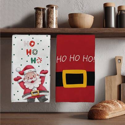 MEMNUN 2条圣诞红黑圣诞老人“Ho Ho Ho”印花厨房毛巾，15.75*23.62英寸（40*60厘米），超柔软吸水超细纤维洗碗布，现代圣诞装饰，家居装饰，厨房配件，可机洗，适用于餐厅、厨房、圣诞装饰和礼品，四季皆宜。