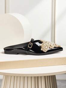 Giày sandal mũi nhọn đính hạt thủ công cho nữ, kiểu quai Pháp, kiểu mule, khoét lỗ, thích hợp mặc ngoài trời mọi mùa - màu đen - Xem 5