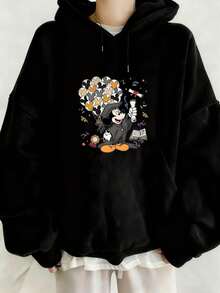 [Disney Authorized] Oversized Women's Hoodie Mickey Mouse Sorcerer Design Print Long Sleeve Pullover Sweatshirt Comfortable Autumn Winter Hooded Top Essential Casual Streetwear For Daily Wear And Leisure - Black - View 1
