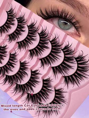7对蓬松自然猫眼狐狸眼假睫毛，3D自然蓬松燕尾假睫毛，轻盈人造貂毛假睫毛，适合初学者日常佩戴，也适用于万圣节、圣诞节、约会和派对等场合。