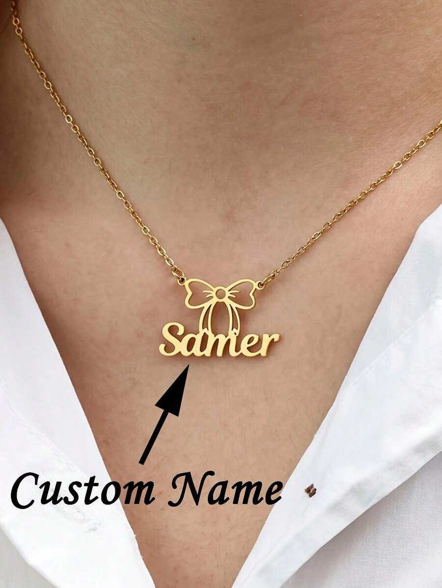 Personalized Bow Name Necklace, Personalized Bow Name Necklace For Women, Exquisite Gold Chain Name Jewelry, Elegant And Simple Stainless Steel Pendant Gift, Suitable For Daily And Special Occasions, Fashionable Customized Name Jewelry