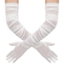 Hazhlko Women's Super Long Stretchy Ruched Mesh Tulle Sheer Gloves Costume Opera Party 1920's Dance Gloves{"Color_name":"White"} - 白色的 - 查看 1