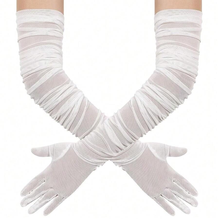 Hazhlko Women's Super Long Stretchy Ruched Mesh Tulle Sheer Gloves Costume Opera Party 1920's Dance Gloves{"Color_name":"White"} - 白色的 - 查看 1