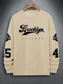 男士“VICTORY”图案印花圆领套头卫衣，街头风，秋冬款 - 杏色 - 查看 4