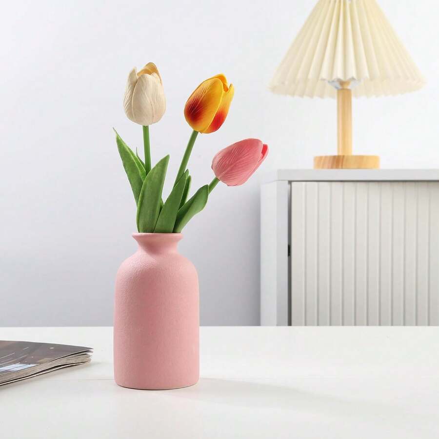 Jarrón de cerámica pequeño, estilo minimalista, color beige, apto para chimenea, recámara, cocina, sala de estar, oficina - Rosa - Ver 1