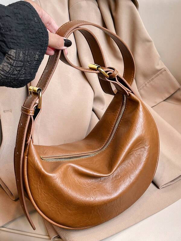 1pc Women's Leather Dumpling Shaped PU Leather Shoulder Saddle Bag, Solid Color, Adjustable Strap, Suitable For Daily Commute