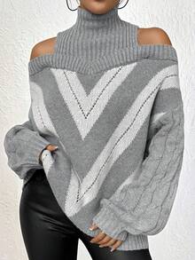 Plus Size Women Contrast Color Off Shoulder Turtleneck Cable Knit Long Sleeve Sweater For Fall/Winter Spring - Grey - View 3