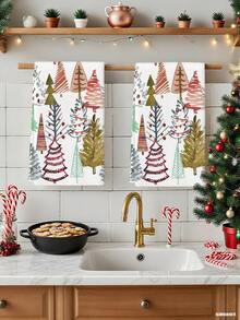 2 Pcs Black And White Kitchen Towels Dish Cloth Towels Absorbent Hand Towels Cleaning Cloths Simple Lines Christmas Tree Kitchen Towels Holiday Decoration Suitable For Dish Table - Multicolor - View 3