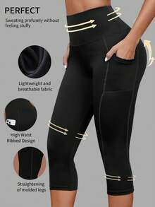 1pc Spring/Summer 7/8 Length Yoga Waist Tights With Side Pockets, Casual Sports Versatile Capri Pants
