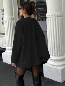 Scarf Shawl Floral Chiffon Hidden Button Pocket Woolen Coat - Black - View 7