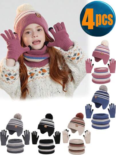 4pcs Kids Winter Hat, Scarf And Gloves Set, Girls Toddler Children Earflap Knit Pom Pom Beanie, Neck Warmer Scarf And Fingerless Gloves With Wool Lining, Suitable For Boys And Girls