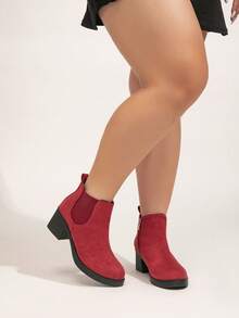 Plus Size Wide Fit Women Chelsea Boots With Side Zipper And Thick Heel, Elegant Solid Color High Heel Women's Fashion Boots With Chunky Heel And Elastic Band - Burgundy - View 2