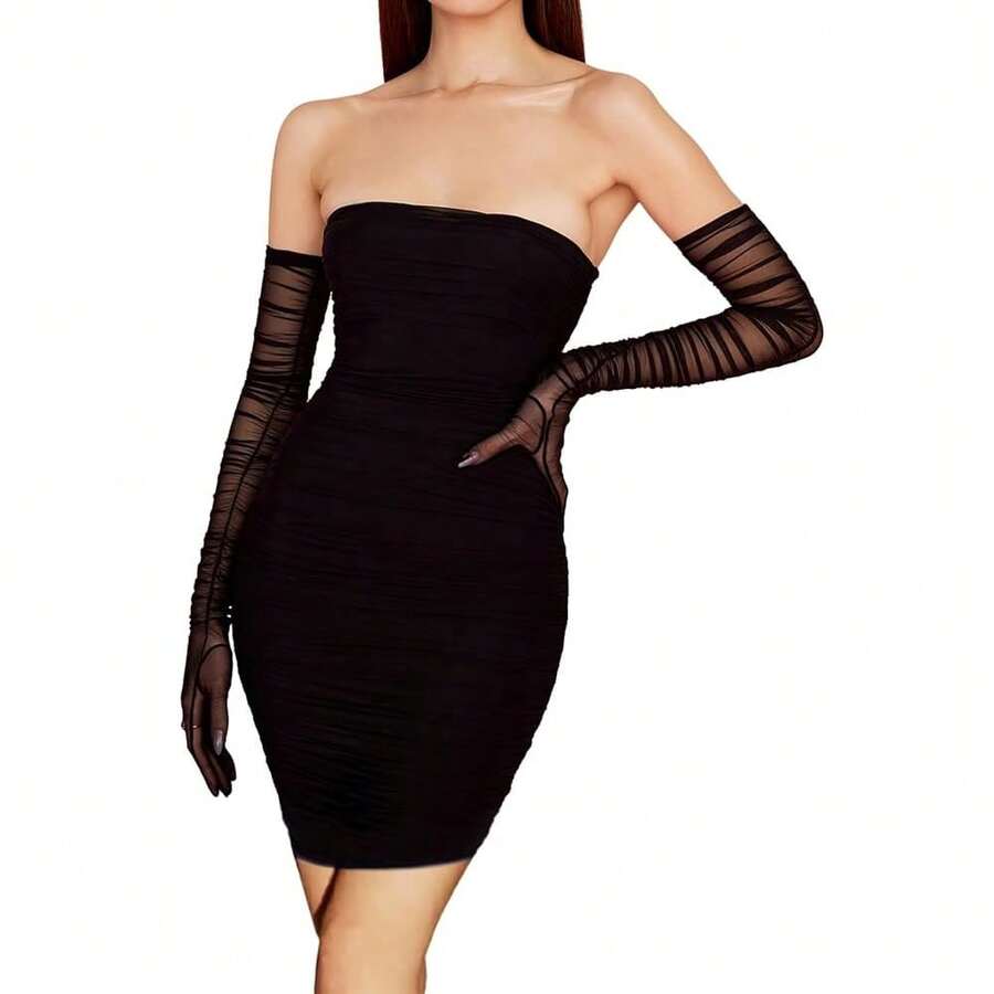 Hazhlko Women's Super Long Stretchy Ruched Mesh Tulle Sheer Gloves Costume Opera Party 1920's Dance Gloves{"Color_name":"Black"} - Black - 查看 1