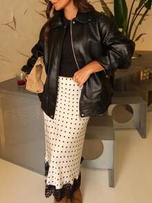 女士波点拼接撞色优雅派对梭织镂空蕾丝边半身裙，适合度假和海滩，秋冬季白色春季款 - 白色 - 查看 3