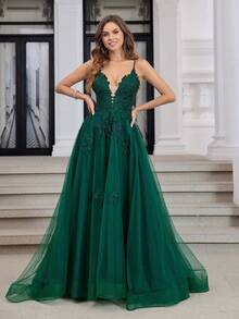 Lace Applique A Line Spaghetti Strap Mesh Formal Prom Dress Backless Cross Lace Up Backless High Split Lace Evening Party Gown Long Homecoming Party Dresses For Teens, For Valentine's Day Wedding - Army Green - View 8