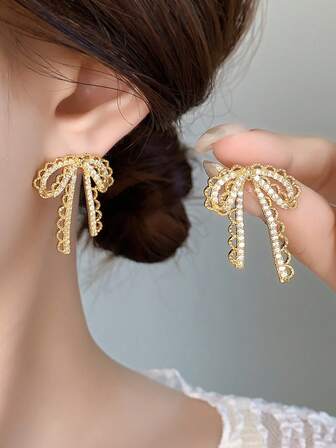 1 par de pendientes de botón con lazo de encaje con rhinestones, pendientes de moda adecuados para uso diario