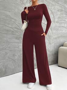 Set elegant pentru femei Vaiaye, top scurt cu mânecă lungă, culoare solidă, asortat cu pantaloni evazați casual, potrivit pentru ținute casual zilnice, ideal pentru femei de Crăciun, ziua de naștere, Anul Nou și alte ocazii