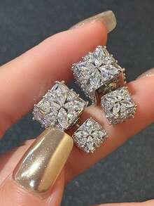 2pcs Elegant Square Cubic Zirconia Stud Earrings, Fashionable Four-Leaf Clover Design, Suitable For Wedding Party Dress, Delicate Gift - Multicolor - View 7