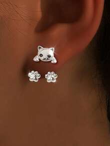 1 Pair Women's Cat Paw Hanging Earrings, Creative & Unique Design, Cute Pet, Delicate & Sweet, Versatile For Daily Wear - Silver 1 - View 3