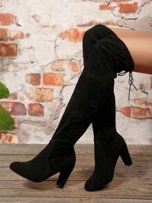 Women's Black Thigh High Boots, Pointed Toe, Chunky Heel, Elastic, Slim Fit Tall Boots