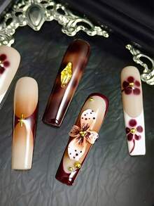 10pcs Glossy Y2K French Style Nail Stickers, Pink Nails, Red Nails, Light Blue Nails, Shiny Brown Nails, 3D Handmade Starfish & Shell Decor, 3D Hand-Painted Water Wave, Cherry, 3D Colorful Carved Flower Rectangle Acrylic Nails, Perfect For Bikini Beach Matching. - 摩卡棕 - 查看 8