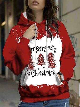 Plus Size Women's Christmas Happy Pattern Hoodie, Red Regular Long Sleeve Pullover Sweater, Knit Fabric