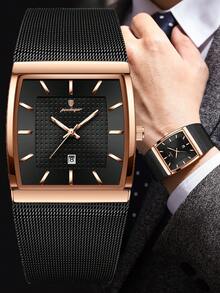 POEDAGAR 男士休闲不锈钢日期显示腕表，网状表带，矩形表盘，防水夜光，石英商务腕表，适合日常佩戴，完美礼物 - 黑色 - 查看 2
