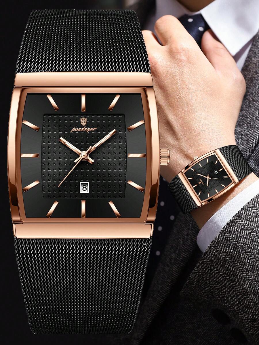 POEDAGAR 男士休闲不锈钢日期显示腕表，网状表带，矩形表盘，防水夜光，石英商务腕表，适合日常佩戴，完美礼物