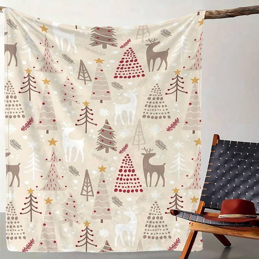Cobertor de Natal Estilo Escandinavo com Estampas de Rena e Árvore - Manta Felpuda Aconchegante para Decoração de Feriados, Presente de Natal Ideal para Casas Europeias/Americanas