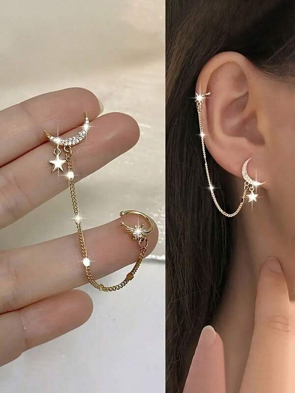 Women's Elegant Moon & Star Earrings - Gold Hooks, Jewelry Gift For Valentine's Day, Anniversary, Birthday, Daily Party, Celestial Style Jewelry For All Year Round, Delicate Design, Holiday & Anniversary Gift