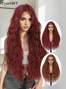 13x6 Lace Front Wig 24 Inch Synthetic Lace Wig Water Wave Wig Deep Hair Natural Fashion Curly Hair Wine Red Rust Brown Synthetic Heat Resistant Fiber Suitable For Women's Daily And Holiday Party Wear - Multicolor - View 1