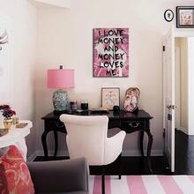 Arte de pared en lienzo con cita de dinero, rosa, funky, preppy, decoración de pared motivacional, imagen de Amo el dinero y el dinero me, póster impreso para dormitorio, oficina, sala de estar, decoración del hogar, listo para colgar - transparente - Ver 4