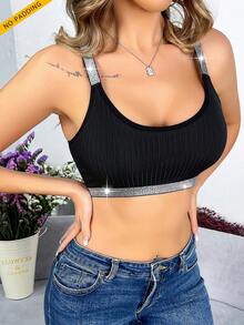 1pc Women Sports Glittering Strap Splicing Racerback Bra - Black - View 4
