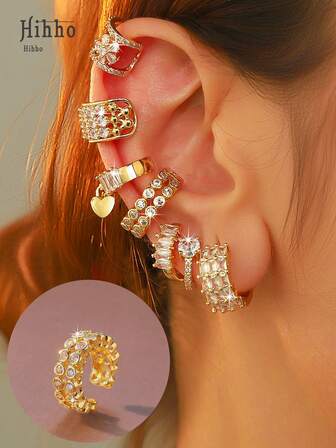 Hihho 1 Set Fashion Clip-On Earrings With Hoop Earrings, Suitable For Women's Daily Wear, Holiday Christmas Jewelry Gifts, Elegant Minimalist C-Shaped Clip-On Earrings For Ladies, Fashionable Luxury Gold-Plated Non-Piercing Jewelry Earrings