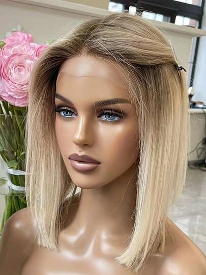 TOPSHE New 13*4 High Definition Lace Front Wig, 12 Inch Ombre Blonde Short Straight Hair, No Bangs, Heat Resistant Synthetic Fiber - Suitable For Wearing, Parties, Halloween And Cosplay, Holiday Gift