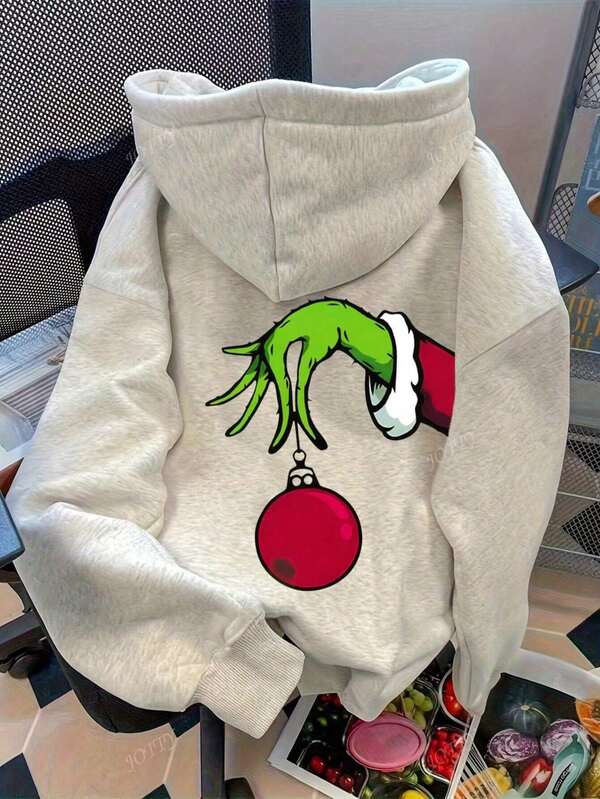 Sudadera gris claro con gesto de mano de dibujo animado divertido "LOVE JOYY" para Navidad, nueva moda otoño 2025 para mujerunicolordo de manga larga con bolsillo, hombros caídos, casual con capucha