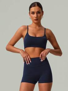 2pcs Women's Classic Spaghetti Strap Sports Bra And High Waist Deep V Lifting Shorts, Activewear For Running, Fitness, Cycling, Spring/Summer - Navy Blue - View 4