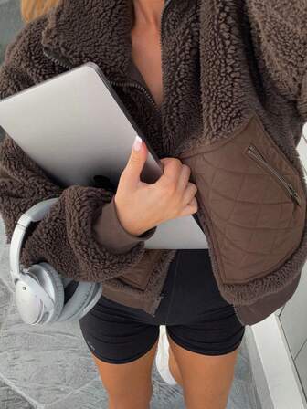 מעיל טלאים בסגנון Y2K בצבע חום דמוי פרווה, עיצוב רוכסן עם צווארון עומד, אופנתי וחם, כיסים אמיתיים, מעיל סתיו/חורף, מתאים לליל כל הקדושים, משרד, לבוש יומיומי