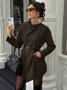 Women's Autumn/Winter Fashion Simple Solid Color Lapel Patchwork Pocket Woolen Coat, Belt Not Included - Coffee Brown - View 3