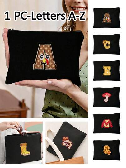 Black Portable Cosmetic Bag With Autumn-Style Towel Embroidery,Letters A-Z,Versatile And Stylish Black Toilet Travel Bag, Women's Portable Makeup Storage Bag,Simple Zipper Beauty Bag,Cosmetic Bag For Small Items Storage, Multifunctional Storage Bag,Christmas Gifts,Pouch,Travel,Gifts For Women,Women's Necessaire,Travel Essential,Pouch,Clutch / Small Handbag,Necessaire,Makeup Organizer,Makeup Organize,Pouch,Brush Holder,Mini Pouch,Large Capacity Pouch