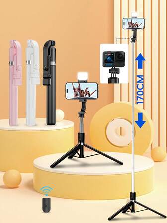 1,7 m Nuevo palo de selfie Bluetooth, control remoto inalámbrico de 10 m, soporte de teléfono giratorio a 360°, desmontable, estructura reforzada, trípode estable, equipo para transmisión en vivo, material de aleación, con luz LED de relleno, extensible libremente, asistente fotográfico, compatible con iPhone 17/16/15/14/13/12, S25/S24/S23/S22/S21/S20 y otras cámaras