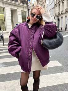 女式紫色飞行员夹克，前拉链口袋，长袖休闲保暖外套，适合秋冬 - 紫色 - 查看 8