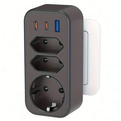 6-In-1 Portable Multi-Plug Adapter, 1 USB-A & 2 Type-C Ports, Compact Design, PD 20W Fast Charging, Suitable For Home, Office, Dorm, Travel, Portable Charging Station, Black